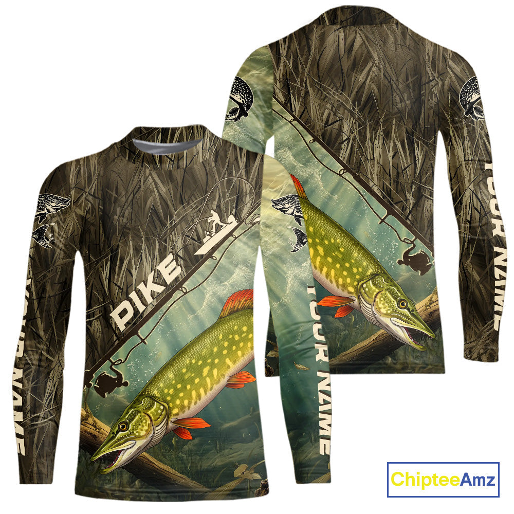 Grass Camo Custom Pike Fishing Kid Long Sleeve Tournament UV Protection Fishing Shirts IPHW9349