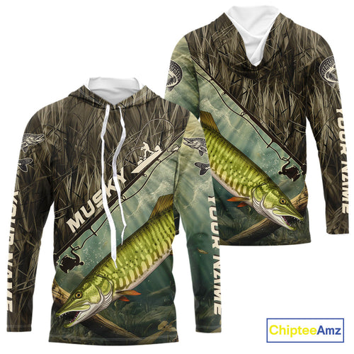 Grass Camo Custom Musky Fishing Long Sleeve Hooded Tournament UV Protection Fishing Shirts IPHW9350
