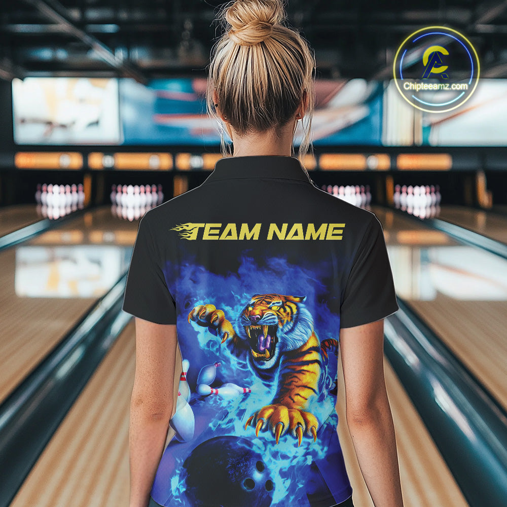 Custom Blue Fire Flame Tiger Bowling Team Polo Shirts For Women, Tiger Bowling Jerseys IPHW9480