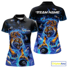 Load image into Gallery viewer, Custom Blue Fire Flame Tiger Bowling Team Polo Shirts For Women, Tiger Bowling Jerseys IPHW9481