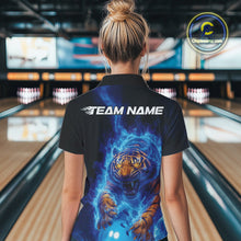Load image into Gallery viewer, Custom Blue Fire Flame Tiger Bowling Team Polo Shirts For Women, Tiger Bowling Jerseys IPHW9483