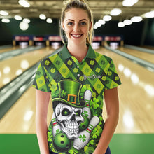 Load image into Gallery viewer, Custom St Patricks Day Skull Bowling Polo Shirt For Women, Green Shamprock Lucky Team Shirt IPHW8581