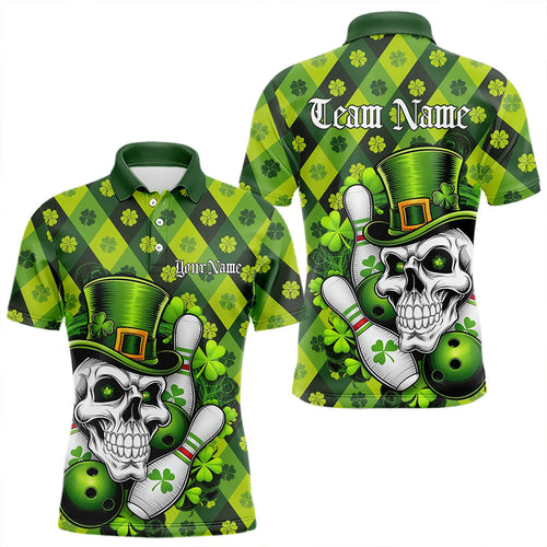 Custom St Patricks Day Skull Bowling Polo Shirts For Men, Green Shamprock Lucky Team Shirt IPHW8581