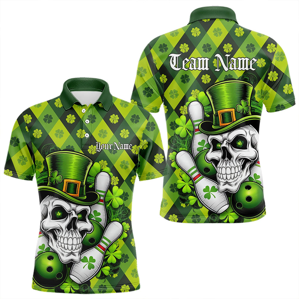 Custom St Patricks Day Skull Bowling Polo Shirts For Men, Green Shamprock Lucky Team Shirt IPHW8581