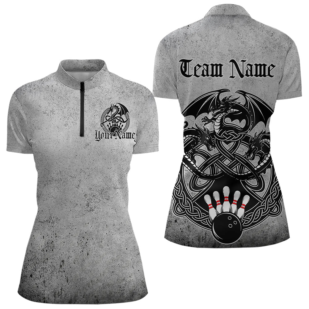 Custom Vintage Viking Dragon Bowling Quarter-Zip Team Shirt For Women, Celtic Bowling Shirt IPHW8586