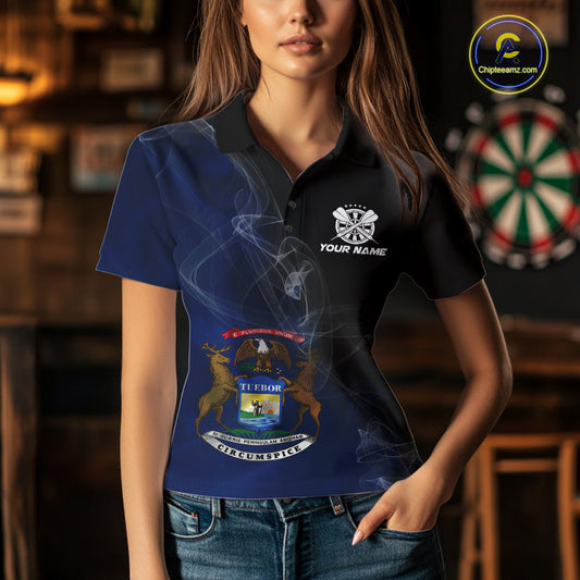 Custom Smoke Flame Michigan Flag Patriotic Darts Shirt For Women, Dart League Team Jerseys IPHW10743