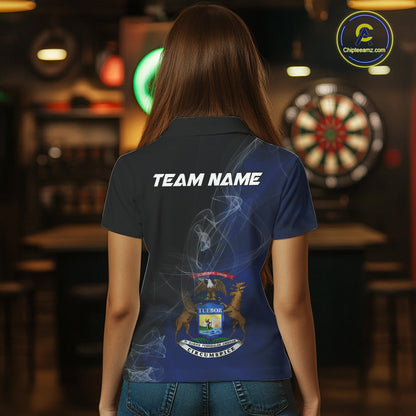Custom Smoke Flame Michigan Flag Patriotic Darts Shirt For Women, Dart League Team Jerseys IPHW10743
