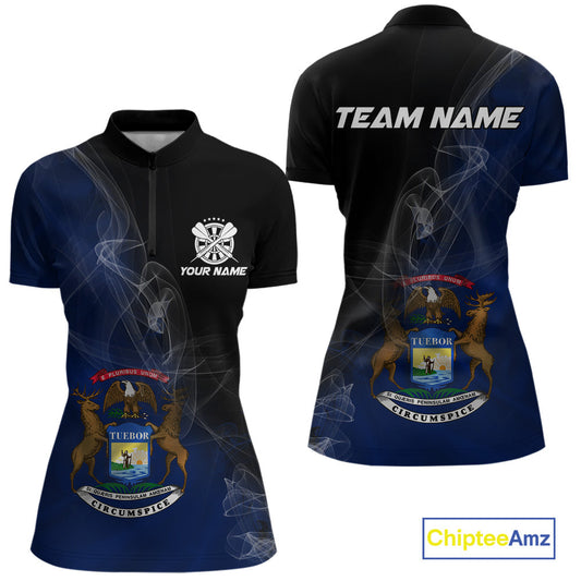 Custom Smoke Flame Michigan Flag Patriotic Women Darts Shirt, Dart League Team Jerseys IPHW10743