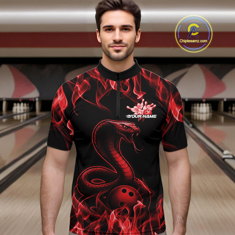 Custom Black And Red Flame Cobra Snake Bowling Men Shirts, Bowling League Shirt IPHW10765