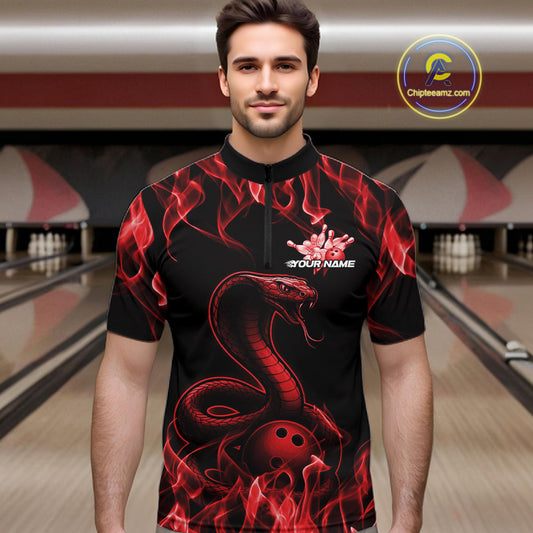 Custom Black And Red Flame Cobra Snake Bowling Men Shirts, Bowling League Shirt IPHW10765