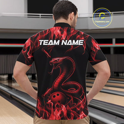 Custom Black And Red Flame Cobra Snake Bowling Men Shirts, Bowling League Shirt IPHW10765