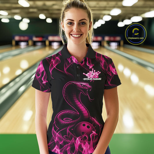 Custom Black And Pink Flame Cobra Snake Bowling Women Shirts, Bowling League Shirt IPHW10766