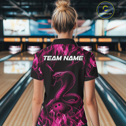 Custom Black And Pink Flame Cobra Snake Bowling Women Shirts, Bowling League Shirt IPHW10766