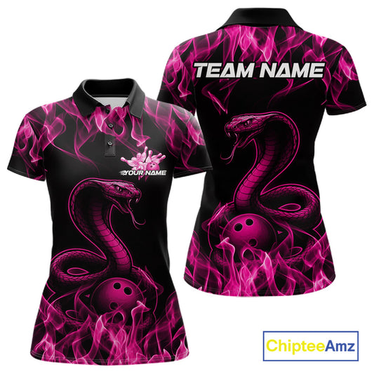 Custom Black And Pink Flame Cobra Snake Bowling Women Shirts, Bowling League Shirt IPHW10766