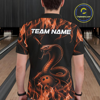 Custom Black And Orange Flame Cobra Snake Bowling Men Shirts, Bowling League Shirt IPHW10767