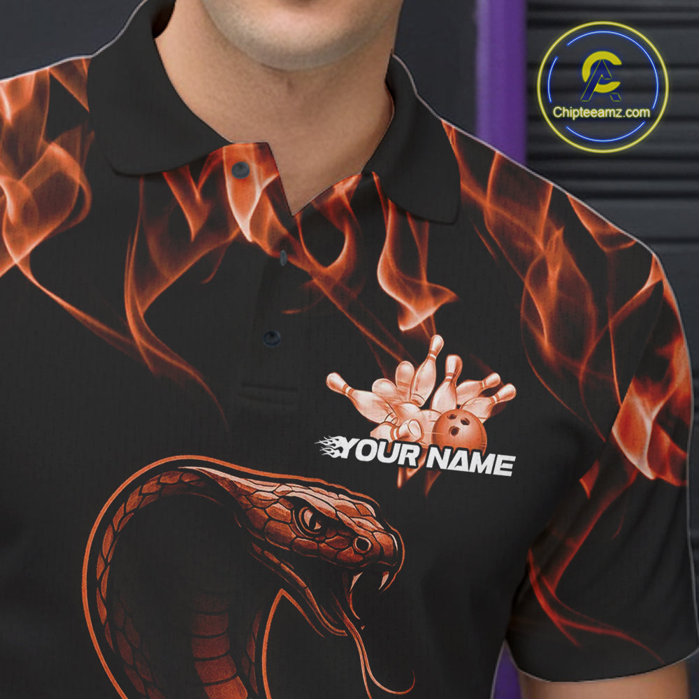 Custom Black And Orange Flame Cobra Snake Bowling Men Shirts, Bowling League Shirt IPHW10767