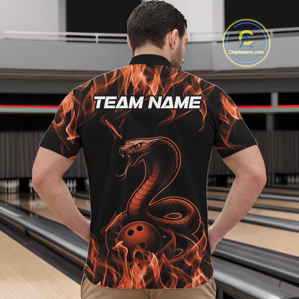 Custom Black And Orange Flame Cobra Snake Bowling Men Shirts, Bowling League Shirt IPHW10767