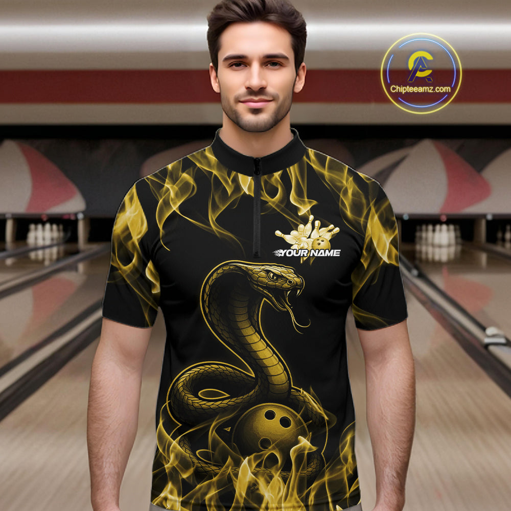 Custom Black And Yellow Flame Cobra Snake Bowling Men Shirts, Bowling League Shirt IPHW10768