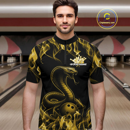 Custom Black And Yellow Flame Cobra Snake Bowling Men Shirts, Bowling League Shirt IPHW10768