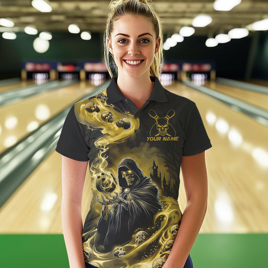 Black And Yellow Grim Reaper Custom Halloween Bowling Team Women Polo Shirts, Bowler Outfit IPHW8894