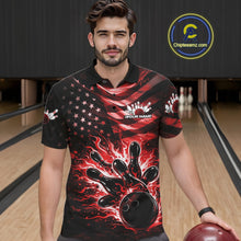 Load image into Gallery viewer, Custom Black And Red Patriotic Fire Flame Men Bowling Shirt, US Flag Bowling Jerseys IPHW10997