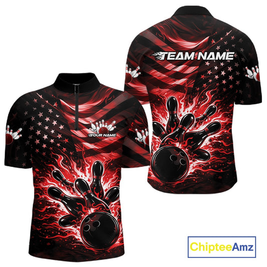 Front and back views of a black mens bowling quarter-zip shirt featuring a red flame bowling ball striking pins and distressed American flag artwork.