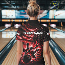 Load image into Gallery viewer, Custom Black And Red Patriotic Fire Flame Women Bowling Shirt, US Flag Bowling Jerseys IPHW10997