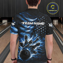 Load image into Gallery viewer, Custom Black And Blue Patriotic Fire Flame Men Bowling Shirt, US Flag Bowling Jerseys IPHW10998