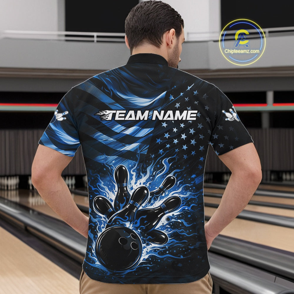 Front view of a male model in a black bowling quarter-zip shirt showcasing blue flame bowling strike graphics and distressed flag details.