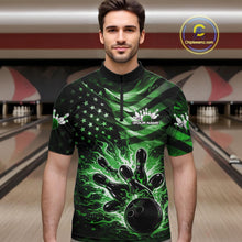 Load image into Gallery viewer, Custom Black And Green Patriotic Fire Flame Men Bowling Shirt, US Flag Bowling Jerseys IPHW10999
