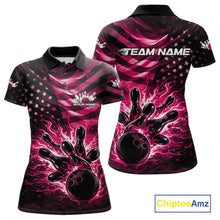 Load image into Gallery viewer, Custom Black And Pink Patriotic Fire Flame Women Bowling Shirt, US Flag Bowling Jerseys IPHW11001