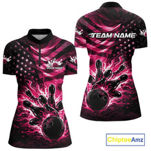 Load image into Gallery viewer, Custom Black And Pink Patriotic Fire Flame Women Bowling Shirt, US Flag Bowling Jerseys IPHW11001