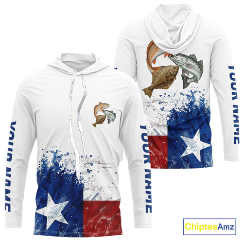 Custom Texas Flag Texas Slam Redfish, Trout, Flounder Long Sleeve Hooded UV Protection Fishing Shirts IPHW9353