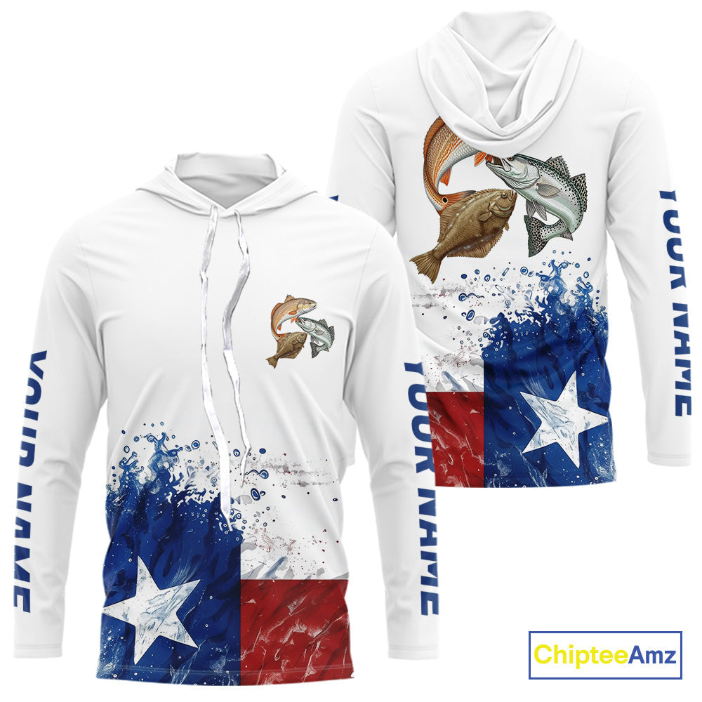 Custom Texas Flag Texas Slam Redfish, Trout, Flounder Long Sleeve Hooded UV Protection Fishing Shirts IPHW9353