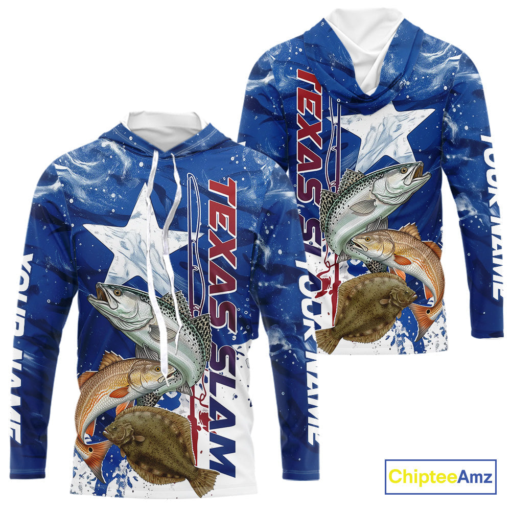 Custom Texas Slam Redish, Trout,Flounder Long Sleeve Hooded Performance Sun Protection Fishing Shirts IPHW9355