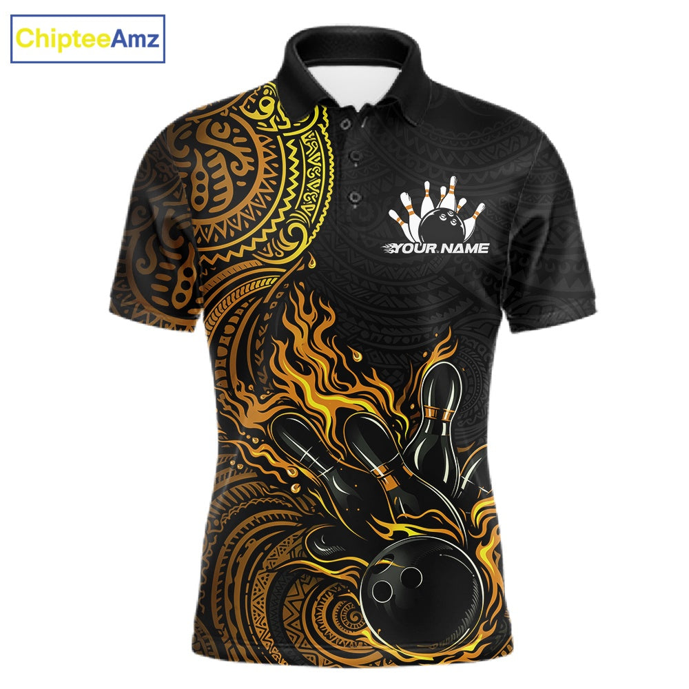 Custom Black And Yellow Tribal Flame Bowling Ball Bowling Team Shirts, Polynesian Bowling Tournament Shirt IPHW10497