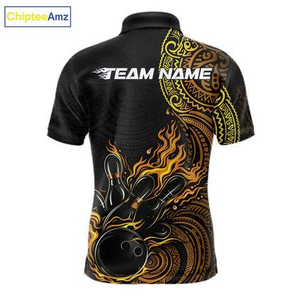 Custom Black And Yellow Tribal Flame Bowling Ball Bowling Team Shirts, Polynesian Bowling Tournament Shirt IPHW10497