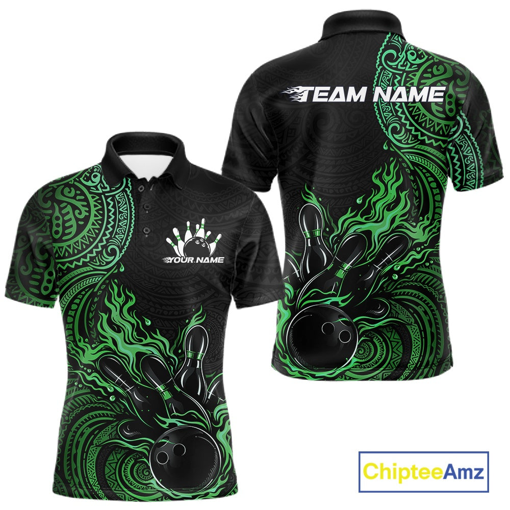 Custom Black And Green Tribal Flame Bowling Ball Bowling Team Shirts, Polynesian Bowling Tournament Shirt IPHW10498
