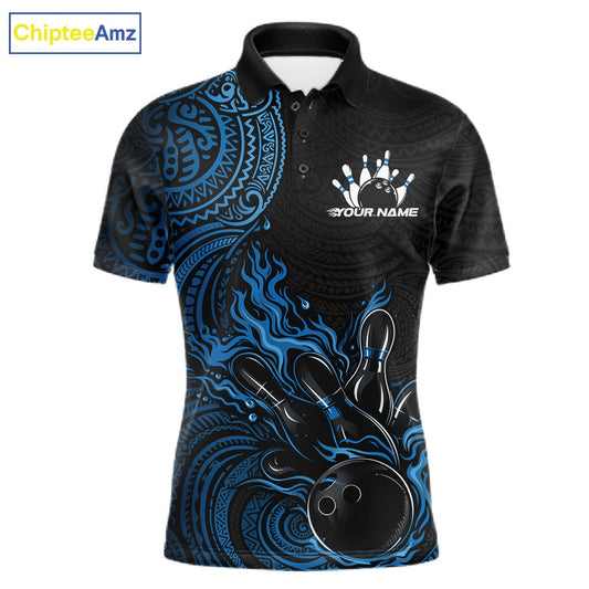Custom Black And Blue Tribal Flame Bowling Ball Bowling Team Shirts, Polynesian Bowling Tournament Shirt IPHW10499