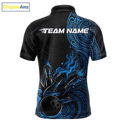 Custom Black And Blue Tribal Flame Bowling Ball Bowling Team Shirts, Polynesian Bowling Tournament Shirt IPHW10499