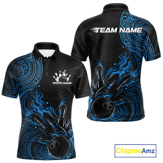 Custom Black And Blue Tribal Flame Bowling Ball Bowling Team Shirts, Polynesian Bowling Tournament Shirt IPHW10499