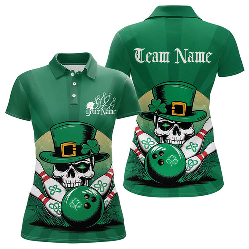 Custom Green Skull St Patricks Day Bowling Polo Shirt For Women, Lucky Bowling Shirt IPHW8591