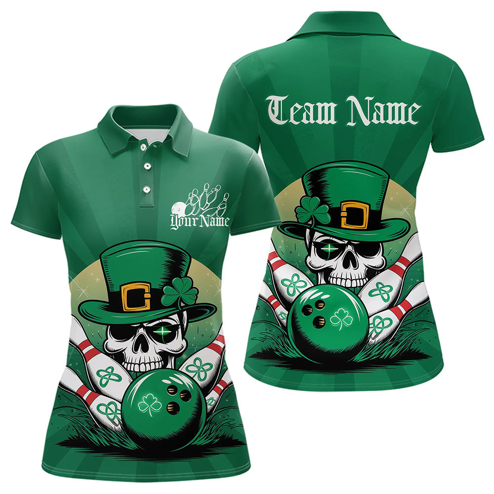 Custom Green Skull St Patricks Day Bowling Polo Shirt For Women, Lucky Bowling Shirt IPHW8591