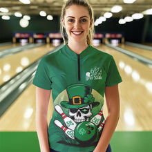 Load image into Gallery viewer, Custom Green Skull St Patricks Bowling Womens Quarter-Zip Shirt, Lucky Bowling Shirt IPHW8591