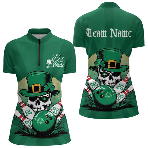 Custom Green Skull St Patricks Bowling Womens Quarter-Zip Shirt, Lucky Bowling Shirt IPHW8591