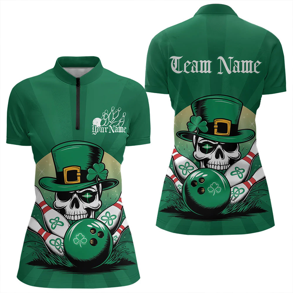 Custom Green Skull St Patricks Bowling Womens Quarter-Zip Shirt, Lucky Bowling Shirt IPHW8591