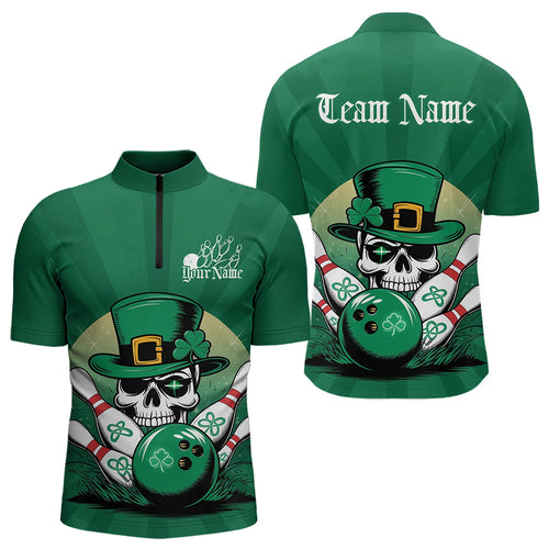 Custom Green Skull St Patricks Day Bowling Quarter-Zip Shirt For Men, Lucky Bowling Tournament Shirt IPHW8591