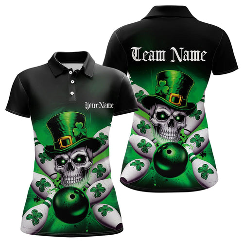 Custom Black And Green Lucky Clover St Patricks Day Skull Bowling Team Polo Shirt For Women IPHW8593
