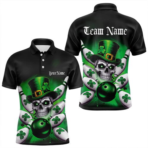 Custom Black And Green Lucky Clover St Patricks Day Skull Bowling Team Polo Shirts For Men IPHW8593