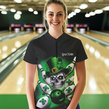 Load image into Gallery viewer, Custom Black And Green Lucky Clover St Patricks Skull Bowling Team Womens Quarter-Zip Shirt IPHW8593